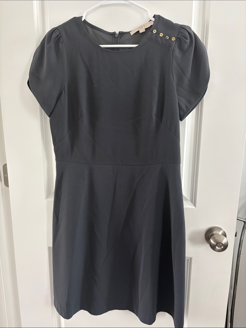 LOFT Black Puff-Sleeve Dress with Gold Button Accent